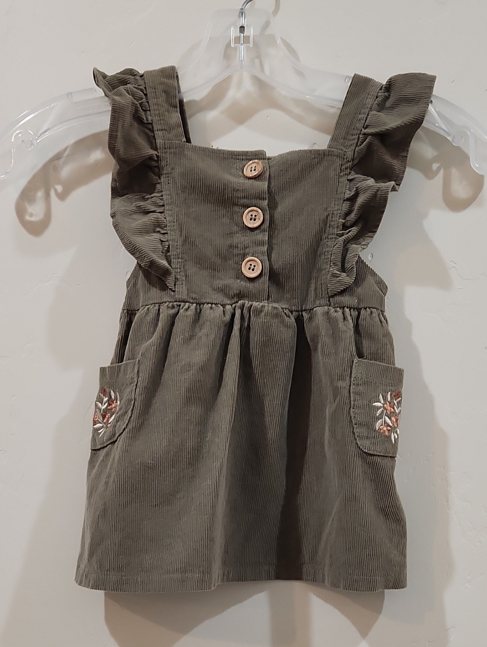 Rabbit Bear Girls Olive Corduroy Pinafore Dress with Buttons